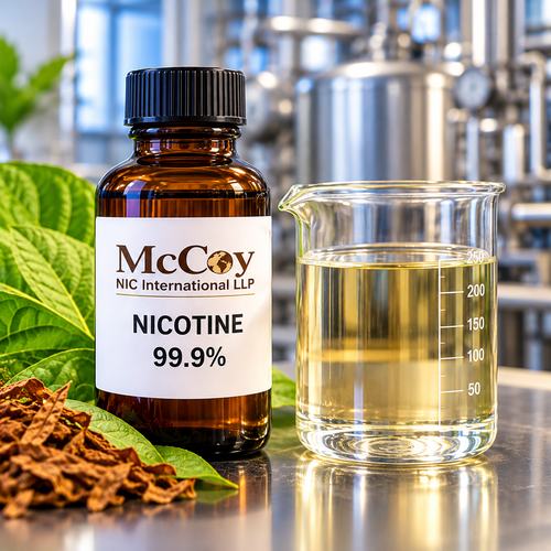 McCoy NIC pure nicotine 99.9%, clear liquid in a laboratory beaker beside a labelled bottle